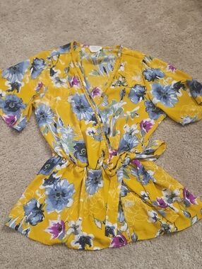 Sienna Sky Yellow Floral Wrap Tunic with Blue & Purple Blooms